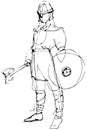 Sketch medieval warrior in armor with ax and shield