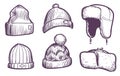 Sketch mens caps. Warm winter and autumn fashion hats design. Sports and knitted male and female wool headwear, seasonal