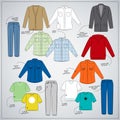 Sketch menswear description. Colored clothes, shirts, trousers, T-shirts.