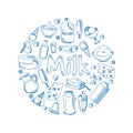 Sketch milk products, farm breakfast vector concept with doodle dairy icons