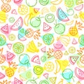 Sketch mixed tropical fruits seamless pattern background vector