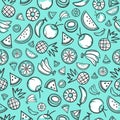 Sketch mixed tropical fruits seamless pattern background vector