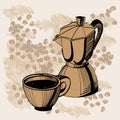 Sketch of mocha coffee maker and coffee cup Royalty Free Stock Photo