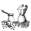 Sketch of mocha coffee maker and turkish cezve Royalty Free Stock Photo