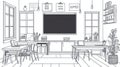 Classroom interior with desks, chalkboard, windows, and plants - sketch style Royalty Free Stock Photo