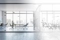 Sketch of modern glass office interior with concrete flooring, furniture, window with city view and other objects. Design and