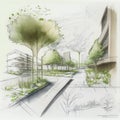 Sketch of modern office building on a background of green trees. Eco-friendly architecture. Royalty Free Stock Photo