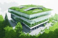 Sketch of modern office building on a background of green trees. Eco-friendly architecture. Royalty Free Stock Photo