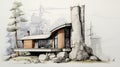 Sketch Of Modern Post-and-beam Architecture Lodge With Dramatic Landscape Royalty Free Stock Photo