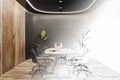 Sketch of modern wooden and black meeting room interior with equipment, furniture and decorative plants. Commercial workspace
