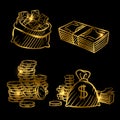 Sketch of money. Golden vector coins and money isolated on black background