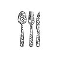 sketch of monochrome contour of kitchen cutlery with decorative leaves