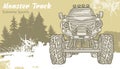 Sketch Monster Truck on the graphic forest landscape. Retro vector illustration. Extreme Sports. Adventure, travel Royalty Free Stock Photo