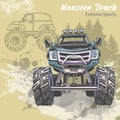 Sketch Monster Truck on the graphic forest landscape. Retro vector illustration. Extreme Sports. Adventure, travel