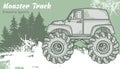 Sketch Monster Truck on the graphic forest landscape. Retro vector illustration. Extreme Sports. Adventure, travel