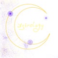 Sketch The moon and three bright flowers. Neon lettering: Astrology. Digital illustration.