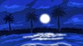 Sketch Of Moonlighting View River Side,Light Reflection On The Water ,With Dark -Blue Night.