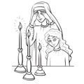 Sketch, mother and daughter say a prayer over the candles, coloring book, isolated object on white background, vector illustration Royalty Free Stock Photo