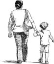 Sketch of a mother with her little daughter going on a stroll