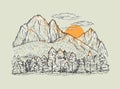 Sketch of a mountain ranges with pine forest, sunrise or sunset. Romantic nature landscape Royalty Free Stock Photo