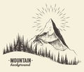 Sketch mountains fir forest sunset drawn vector. Royalty Free Stock Photo