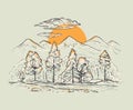 Sketch of a mountains with forest, stream, sunrise or sunset on a gray background. Romantic vector landscape. Hand drawn color