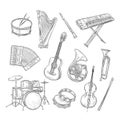 Sketch musical instruments. Drum harp flute synthesizer accordion guitar trumpet cello. Music vintage outline hand drawn Royalty Free Stock Photo