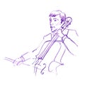 Sketch of musician playing contrabass, Hand drawn color pancil illustration
