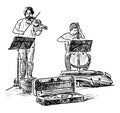 Sketch of musicians duet playing violin  and cello on city street Royalty Free Stock Photo