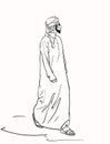 Sketch of muslim arabic man in traditional white clothes uses medical face mask on beard