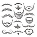 Sketch mustache. Drawing facial hair. Isolated patch mustaches, retro mouth beard. Abstract male hipster hand drawn mask