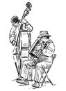 Sketch of musicians duet playing on double bass and accordion