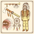 Sketch native american set in vintage style Royalty Free Stock Photo