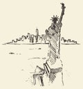 Sketch New York city skyline Statue Liberty drawn Royalty Free Stock Photo