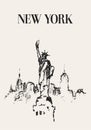 Sketch of New York city skyline with Statue of Liberty on front Royalty Free Stock Photo