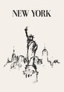 Sketch of New York city skyline with Statue of Liberty on front Royalty Free Stock Photo