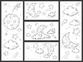 Sketch night sky with moon. Hand drawn moon, night stars and doodle dream sleep clouds vector illustration set. Crescent