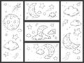 Sketch night sky with moon. Hand drawn moon, night stars and doodle dream sleep clouds vector illustration set. Crescent in starry