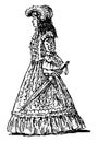 Sketch of noble lady with umbrella in luxury costume of 18th century