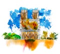 Sketch of Notre dame de Paris. Sketch with colourful water colour effects. Italy