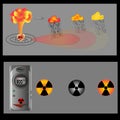 Sketch of nuclear explosion, pollution level of nuclear radiation, dosimeter and radiation mark