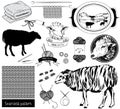 Sketch objects, sheep silhouette, tools for knitting