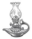 Vintage kerosene lamp. Sketch oil lantern. Vector illustration in old engraving style Royalty Free Stock Photo