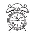 Sketch of old alarm clock. Hand drawn vector illustration isolated on white background.