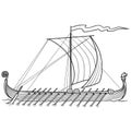 sketch of an old boat with oars, coloring, isolated object on white background, vector illustration