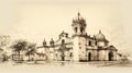 Sketch Of An Old Church In Beige: Classic Byzantine Architecture In Guatemalan Art Style
