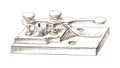 Sketch of old telegraph machine in vintage style. Antique Morse code device for communication. Detailed realistic hand