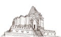 sketch old temple pagoda Wat-Ja-Dee-Luang in Thailand, Chiangmai, free hand draw vector illustration