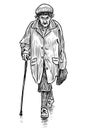 Sketch of old townswoman with stick and bag walking along city street Royalty Free Stock Photo