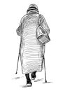 Sketch of old townswoman with sticks and bag walking along street Royalty Free Stock Photo